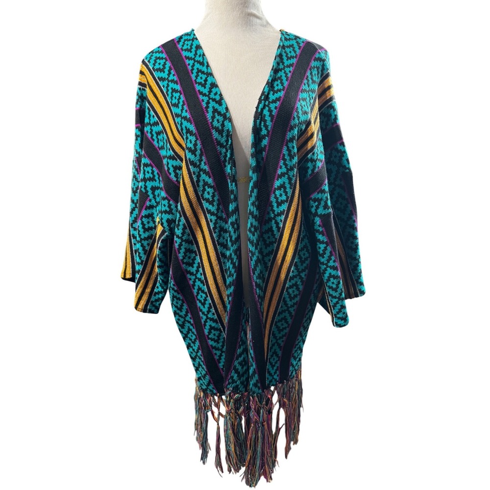 Wrangler Retro Womens‎ Teal Geometric Fringe Open Front Cardigan Sweater L